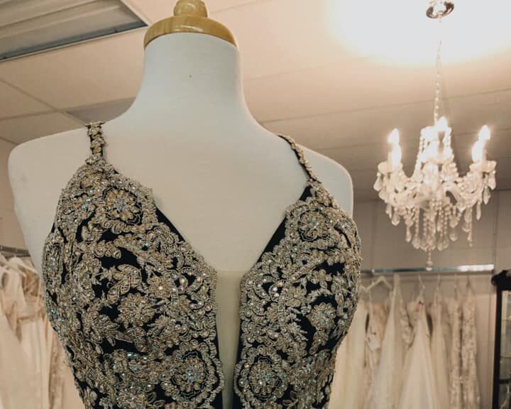 Dress on display in wedding shop